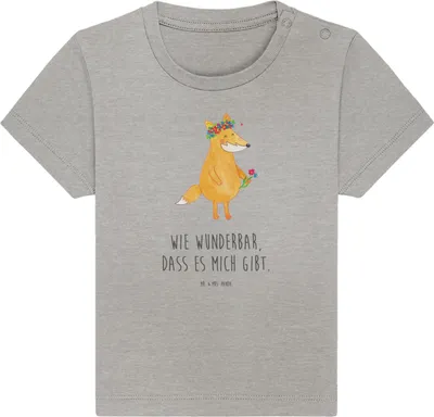 Produktbild von Mr. & Mrs. Panda Babyshirt Fuchs Blumen 12. - 18. Monat - Heather Grey - Geschenk, Boho, Kleinkind Shirt, , Baby, T-Shirt, Blumenliebe, Blume, Ich