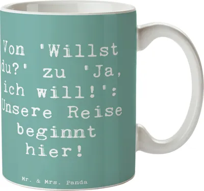 Produktbild von Mr. & Mrs. Panda Kaffeetasse Spruch Verlobung Abenteuer - Meeresbrise - Geschenk, cappuccinotasse, Geschenke, Verlobungsfeier, Zelebrierung, Tasse, Liebe, Becher, Heirat