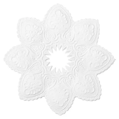 A white, embossed paper doily with a floral pattern.