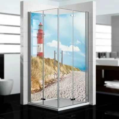 Produktbild von dedeco Eck-Duschrückwände Aluminium wasserfest Motiv: Leuchtturm V1, 2 x 90x210x0,3cm, Fliesenersatz fugenlos Wandverkleidung Wandpaneele,  Germany