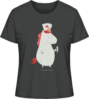 Produktbild von Mr. & Mrs. Panda Basic Shirt Damen Einhorn Krankenschwester Größe S - Anthrazit - Geschenk, Baumwoll T-Shirt, Ärztin, Unicorn, Oberteil, für Frauen, Krankenpflegerin