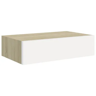 A floating wall shelf with a drawer against a white background.