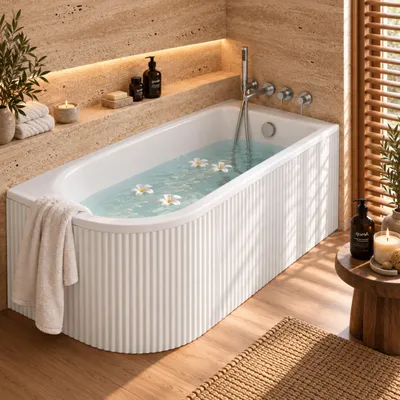 Produktbild von AQUA for you | Badewanne - Besco Jollin - asymmetrische Eckbadewanne - 160x75 cm - rechts - Weiß - mit geriffelter Acrylschürze, Badewannenverkleidung