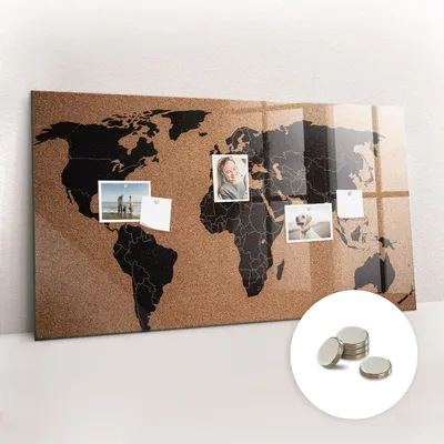 Produktbild von Magnetische Wandtafel aus Glas – Memotafel mit gebogener Vorderseite – Enthält 5 Magnete – 120x60 cm – Weltkarte