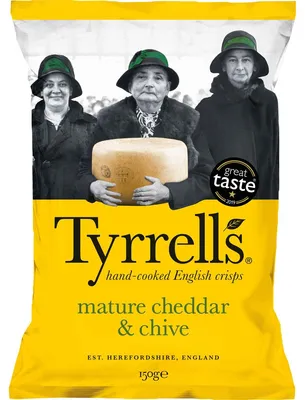 Zdjęcie produktu dla Tyrrells Handcooked mature Cheddar und Chive Chips vegetarisch 150g