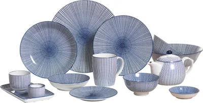 A collection of ceramic tableware with a blue and white geometric pattern.