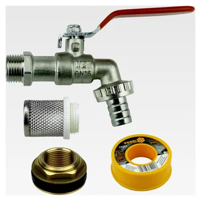Produktbild von Regentonnendurchführung 3/4" AG - 1/2" IG Messing mit Wasserhahn und Saugkorb
