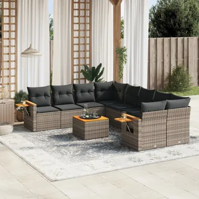 Produktbild von Design 9-tlg. Garten-Sofagarnitur mit Kissen Grau Poly Rattan, Gartenmöbel-Sets 2024 Neu