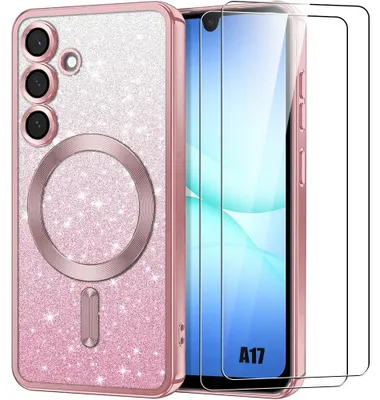 Image de Coque + 2 Verres Trempés pour Samsung Galaxy A17 5G/4G, avec Anneau Magnétique et Protection Caméra - Rose