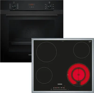 A black built-in oven and a black glass ceramic hob are shown side-by-side against a white background.