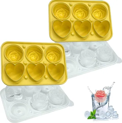 Produktbild von 2x Silikon Eiswürfelform mit Deckel, Herzen, perfekt für Whisky, Bier, Cocktails und Getränke, Eiskugelform, auslaufsicherer & vielseitiger Eiswürfelbehälter, gelb