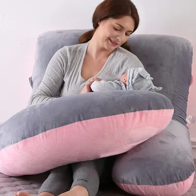 Produktbild von J-förmiges Schwangerschaftskissen, Seitenschläferkissen, Aufbewahrungskissen mit waschbarem Samtbezug aus 100% Baumwolle, Rosa&Grau