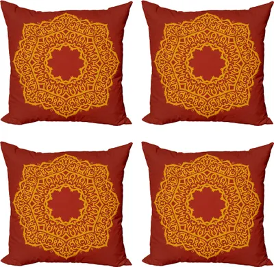 Produktbild von ABAKUHAUS Mandala Kissenbezug Set (4 Stück), Aztec Artanstrich Vivid, Moderner Doppelseitiger Digitaldruck, 50 cm x 50 cm, Dunkelgelb und Paprika