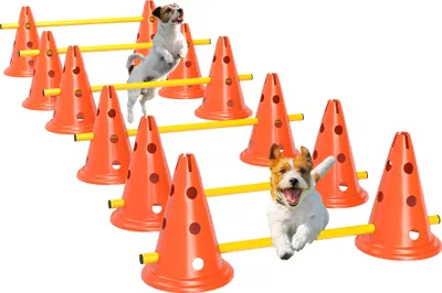 Image de PawHut Agility Set chiens 6 pièces équipement d'agility pour l'entraînement des chiens Set de haies à enficher avec 12 cônes 6 haies réglables en hauteur Sac de transport Accessoires d'entraînement Formation de coordination pour jeux Formation