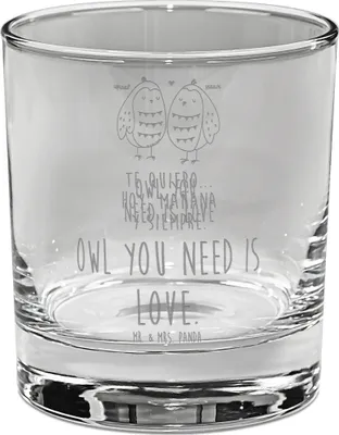 Produktbild von Mr. & Mrs. Panda Whiskey Tumbler Eulen Liebe - Transparent - Geschenk, Whiskyglas, Old Fashioned Glas, Whisky, Eule, Paar, Spruch, All You Need Is Love