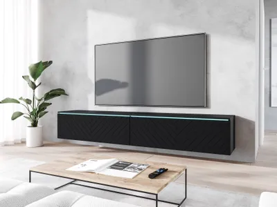 Produktbild von Minio, TV-Schrank, TV-Lowboard Donna 180 cm, stehend, hängend, MDF Front mit Herringbone Muster, LED, Graphit Schwarz Farbe