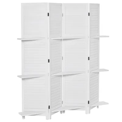 Image de HOMCOM Paravent intérieur en bois 4 panneaux 160 x 170 cm, séparateur de pièce pliable avec 3 étagères, cloison de séparation pour salon, chambre à coucher, maison, blanc