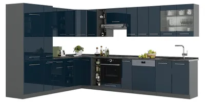 Zdjęcie produktu dla Kuchnia narożna Vicco Fame-Line Ciemnoniebieski wysoki połysk/Antracyt 347 x 257 cm bez blatu roboczego, Model 49747