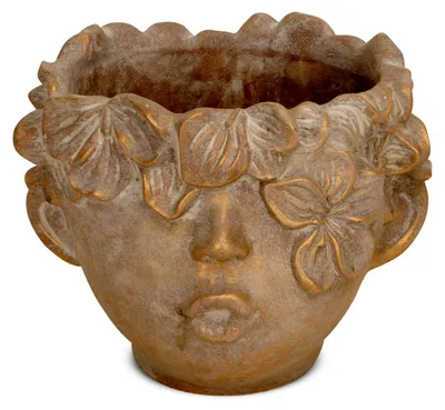 Image de Pot de plantes - tête avec couronne de fleurs visage ciment brun or