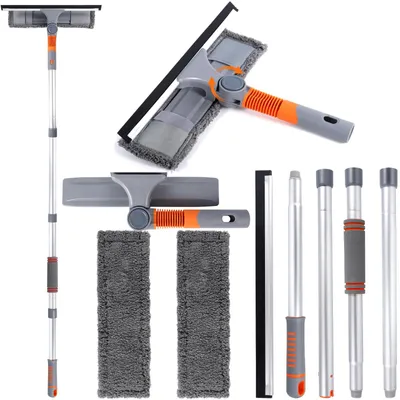 Produktbild von Fensterwischer Teleskopstiel Fensterreiniger Mikrofasertuch - 2-in-1 - 58 bis 162 cm - Drehbarer Kopf