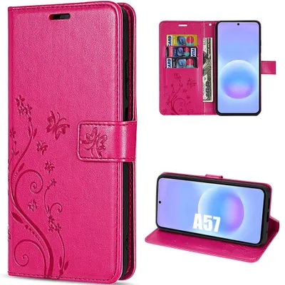 Image de Coque pour Samsung Galaxy A57 5G, Protection Effet Cuir Anti-Rayures Fuchsia Motif Floral Papillon