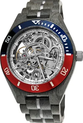 Produktbild von Holzwerk DEMMIN Herren Automatik Handaufzug Holz Uhr, grau, silber, rot & blau