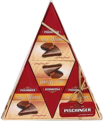 A triangular box of Pischinger Kleine Wiener chocolates.
