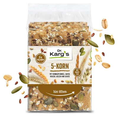 Produktbild von Dr. Kargs 5 Korn Knäcke Dinkel Hafer Roggen Weizen Gerste 200g 5er Pack