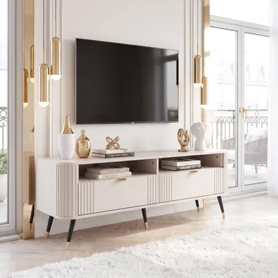 Image de Idohome - Meuble TV AURA sur pieds, façade à motifs rainurés, dimensions : 138 x 53 x 40 cm, couleur : cachemire