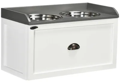 Image de Distributeur de nourriture pour chien surélevé avec espace de rangement | Couleur : Blanc + Gris | Dimensions : 60 x 30 x 36 cm