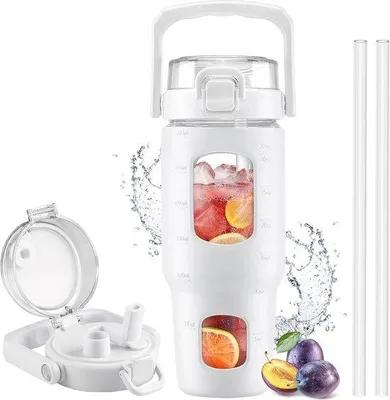 Produktbild von Famanu Glaswasserflasche 960 ml mit Strohhalm und Deckel - Leckfrei und BPA-frei