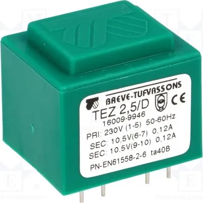 Obrázok produktu pre 1x Transformátor: napätie 10,5 V, vstupné napätie 230 V AC, prúd 119 mA, výkon 2,5 VA, výstupný prúd 119 mA, typ TEZ2.5/D230/10.5