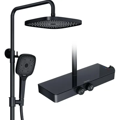 Immagine prodotto di Sistema doccia Rainsworth con termostato e ripiano in vetro nero - Miscelatore doccia completo di doccia a pioggia 26 x 26 cm, doccetta 3 modalità di getto e bocca inferiore - Set doccia a pioggia con miscelatore