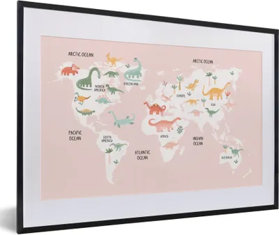 Produktbild von MuchoWow® Gerahmtes Poster Weltkarte - Kinder - Dinosaurier 60x40 cm - Poster mit Schwarzem Bilderrahmen Wandposter Rahmen Foto Bilder - Schlafzimmer - Plakat in Rahmen - Drucken