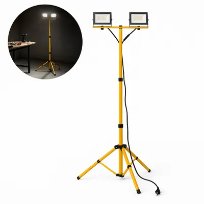 Produktbild von MasterLED Flutlicht SMD Tiga Set mit Stativ 2x30W 4500K Neutralweiß – 4800lm, IP65, Gelb/Schwarz, 230V – Aluminium für Baustelle & Werkstatt