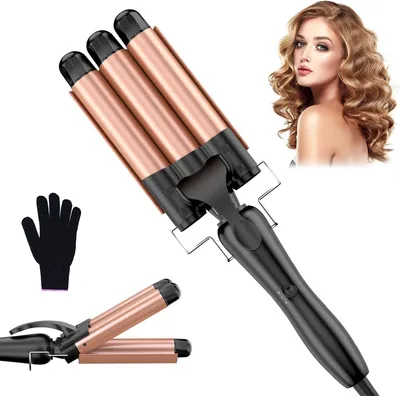 Produktbild von Lockenstab 3 Fässer Beach Waves Welleneisen, 25 mm Keramik, Temperaturregelung und Handschuh, Roségold, für