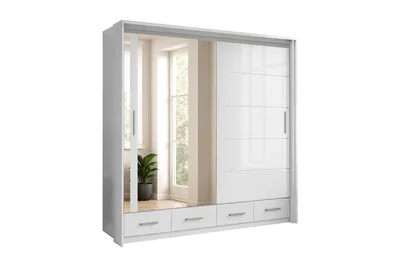 Produktbild von Schiebetürenschrank 203cm mit Spiegel, Hochglanz-Fronten, LED-Beleuchtung und Schubladen, Weiß + Weißglanz