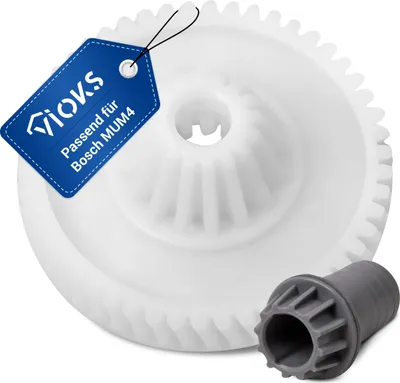 A white gear and a gray adapter are shown against a white background. A blue tag with text is attached to the gear.