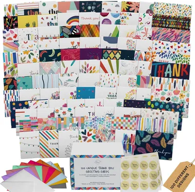 Zdjęcie produktu dla Kartki z podziękowaniami 100 sztuk, 10x15 cm, z kolorowymi kopertami i pudełkiem, na uroczystość