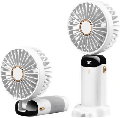 Obrázek produktu pro Ruční ventilátor, skládací, přenosný mini ventilátor (bílá barva), USB ventilátor s možností dobíjení, kapesní ventilátor s 5 LED displejem, vhodný pro cestování a outdoorové aktivity