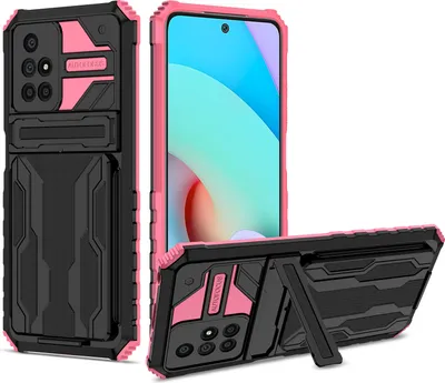 Produktbild von Redmi 10 Hülle, Hybrid Robust Schutz Stoßfest Schutzhülle mit Kartenhalter Ständer für Xiaomi Redmi 10 Rosa