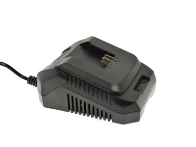 A black battery charger is shown against a white background.
