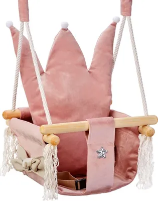 Produktbild von Love Gifts® Babyschaukel aus Holz hochwertig und geeignet als Indoor Schaukel, montierbar an der Decke sowie im Türrahmen, Krone-Rose,  EU