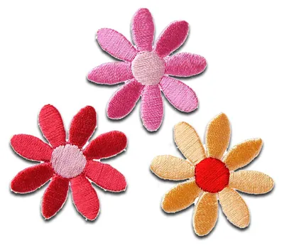 Produktbild von 3 Bunte Blüten Sommerfarben - Aufnäher, Bügelbild, Aufbügler, Applikationen, Patches, Flicken, Zum Aufbügeln, Größe: 3,5 x 3,5 cm
