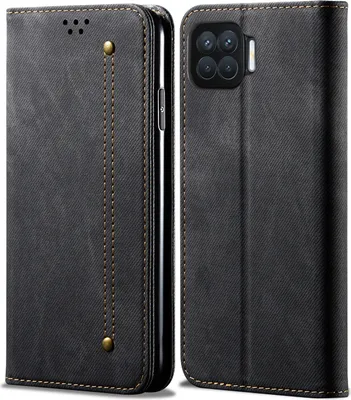 Produktbild von OPPO F17 Hülle, LaimTop Denim Leder Brieftasche Magnetverschluss Flip Bookstyle Schutzhülle mit Standfunktion für OPPO F17 Schwarz