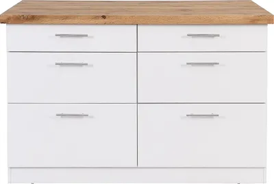 Produktbild von Zentrale Kücheninsel mit 6 Schubladen aus MDF und Metall - Weiß und natürliches Licht - ALEGRITA