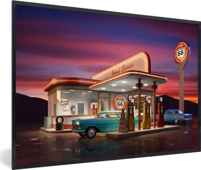 Produktbild von MuchoWow® MuchoWow® Gerahmtes Poster Tankstelle - Auto - Oldtimer 90x60 cm - Poster mit zchwarzem Bilderrahmen - Fotorahmen - Foto-Plakat