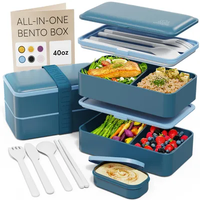 Productafbeelding van Bento lunchbox met 2 sauspotten en bestek, magnetronbestendig, compartimenten