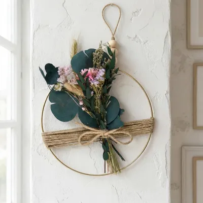 Trockenblumenkranz aus Metall, 20 cm, mit Jutetau, Boho-Deko