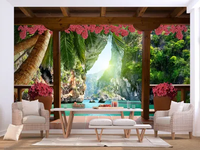 Produktbild von Vlies Fototapete Landschaft 400x280 cm Tapeten Wandtapete XXL Natur Gebirge Terrasse Palmen Meer c-C-0434-a-a